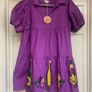 BiBi Purple Women’s  Dress with Sequin Accents. Mardi Gras sparkle! Size Large.